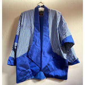 Hand Work Thai Silk Made in Thailand Blue White Striped Kimono Cardigan Jacket